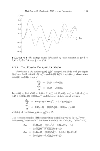 Modeling with Delay Diﬀerential Equations 155
where α is the constant rate of protein production, β is the rate of non-
delayed protein degradation and γ is the rate of delayed protein degradation.
The discrete time delay τ is due to the fact that the protein degradation
machine degrades the protein after a time τ after initiation. Figure 5.1 shows
the degradation of protein for various parameter values, obtained from [12].
0 50 100 150 200
80
90
100
110
120
130
140
150
Time
Protein
Concentration
P(t)
0 50 100 150 200
20
30
40
50
60
70
80
Time
A B
FIGURE 5.1: The delay induced protein degradation. Part A shows a protein
delay with parameter values α = 40, β = 0.3, γ = 0.1, τ = 20 and initial
history 150. Part B shows an oscillatory behavior of protein degradation with
parameter values α = 100, β = 1.1, γ = 1, τ = 10 and initial history 20.
5.2.2 Football Team Performance Model
R.B. Banks [9] proposed a delay-induced mathematical model to analyze
the performance of a National Football League (NFL) football team during
the last 40 years. The proposed model is
dU
dt
= b

1
2
− U(t − z)

where U(t) is the fraction of games won by an NFL team during one season
and it lies between 0 and 1, and b is the growth rate. The computational
formula for U(t) is given by
U(t) =
1 × no. of games won + 1
2 × no. of games tied + 0 × no. of games lost
Total no. of games
 