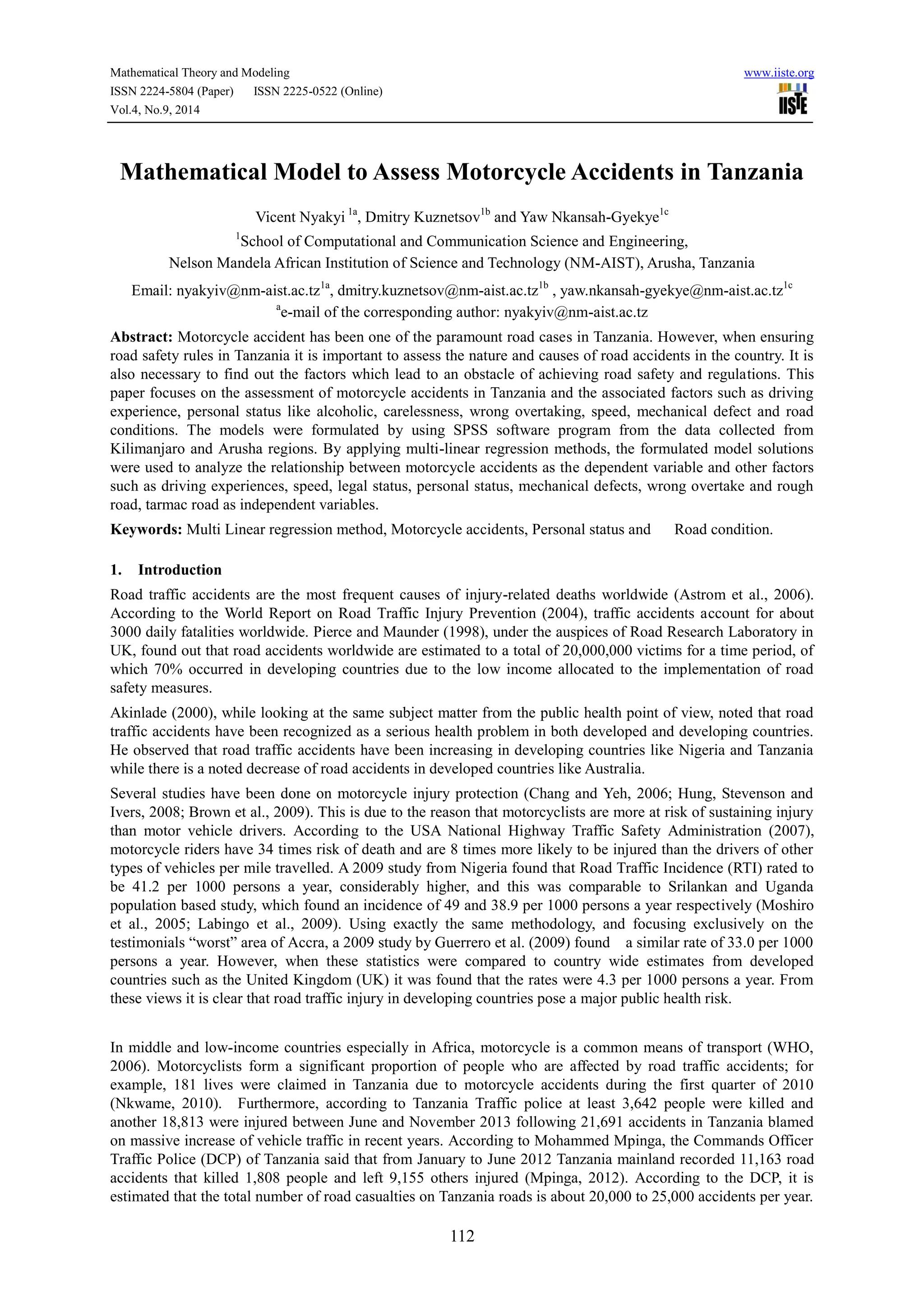 Mathematical model to assess motorcycle accidents in tanzania | PDF
