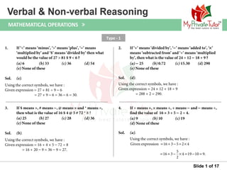 Slide 1 of 17
Type - 1
Sol. (b).
Using the correct symbols, we have :
Given expression = 16 + 4 × 5 − 72 ÷ 8
= 16 + 20 − 9 = 36 − 9 = 27.
3. If $ means +, # means −, @ means × and * means ÷,
then what is the value of 16 $ 4 @ 5 # 72 * 8 ?
(a) 25 (b) 27 (c) 28 (d) 36
(e) None of these
Sol. (a).
Using the correct symbols, we have :
4. If ÷ means ×, × means +, + means − and − means ÷,
find the value of 16 × 3 + 5 − 2 ÷ 4.
(a) 9 (b) 10 (c) 19
(d) None of these
Sol. (e).
Using the correct symbols, we have :
Given expression = 27 + 81 ÷ 9 − 6
= 27 + 9 − 6 = 36 − 6 = 30.
1. If ‘<’ means ‘minus’, ‘>’ means ‘plus’, ‘=’ means
‘multiplied by’ and ‘$’ means ‘divided by’ then what
would be the value of 27 > 81 $ 9 < 6 ?
(a) 6 (b) 33 (c) 36 (d) 54
(e) None of these
Sol. (d).
Using the correct symbols, we have :
Given expression = 24 × 12 + 18 ÷ 9
= 288 + 2 = 290.
2. If ‘+’ means ‘divided by’, ‘−’ means ‘added to’, ‘×’
means ‘subtracted from’ and ‘÷’ means ‘multiplied
by’, then what is the value of 24 ÷ 12 − 18 + 9 ?
(a) − 25 (b) 0.72 (c) 15.30 (d) 290
(e) None of these
Given expression 16 3 5 2 4
5
16 3 4 19 10 9.
2
= + − ÷ ×
= + − × = − =
 