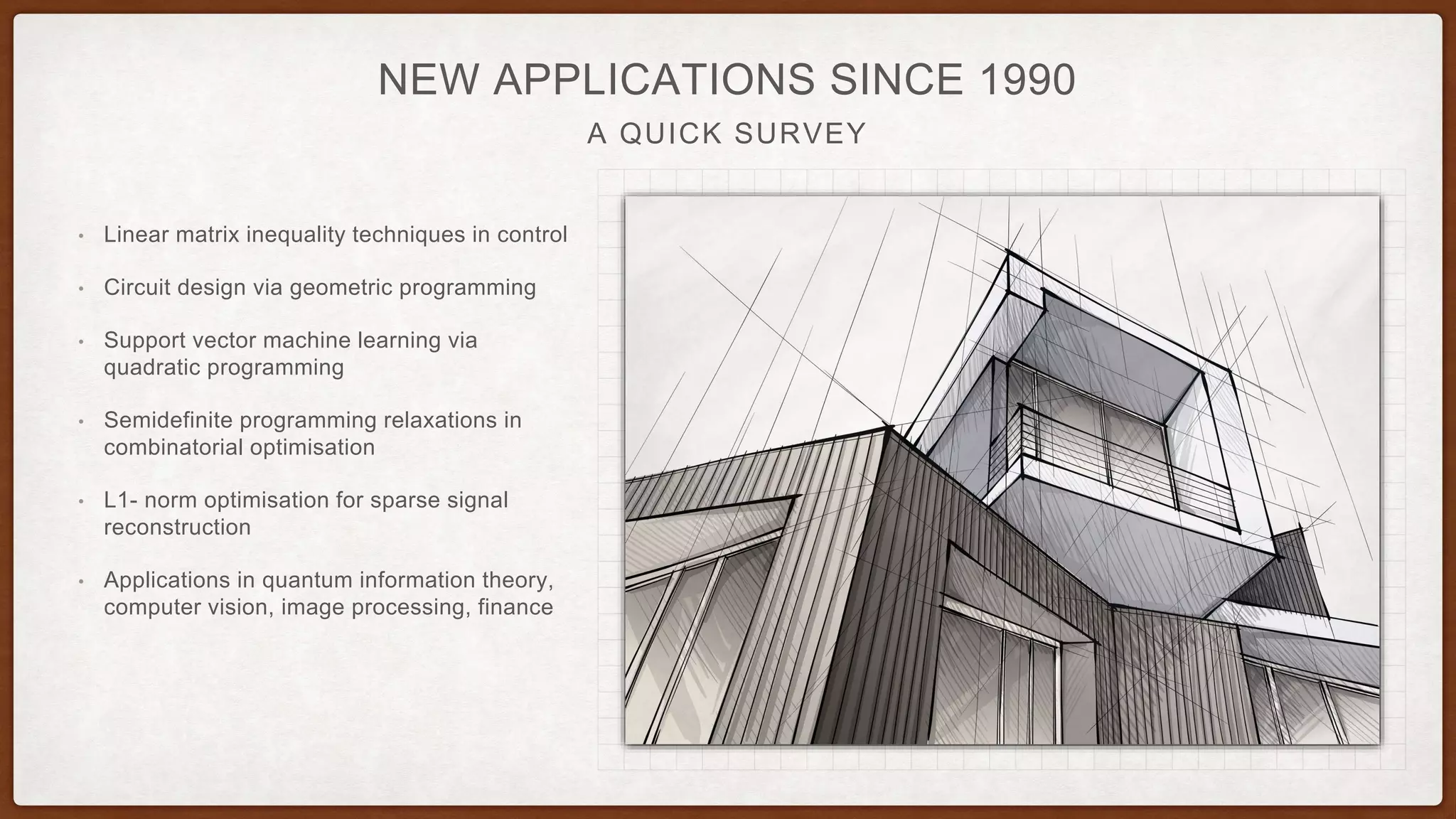 A QUICK SURVEY
NEW APPLICATIONS SINCE 1990
• Linear matrix inequality techniques in control
• Circuit design via geometric programming
• Support vector machine learning via
quadratic programming
• Semidefinite programming relaxations in
combinatorial optimisation
• L1- norm optimisation for sparse signal
reconstruction
• Applications in quantum information theory,
computer vision, image processing, finance
 