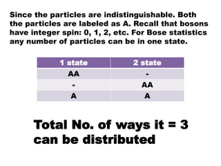 Since the particles are indistinguishable. Both
the particles are labeled as A. Recall that bosons
have integer spin: 0, 1, 2, etc. For Bose statistics
any number of particles can be in one state.
1 state 2 state
AA -
- AA
A A
Total No. of ways it = 3
can be distributed
 