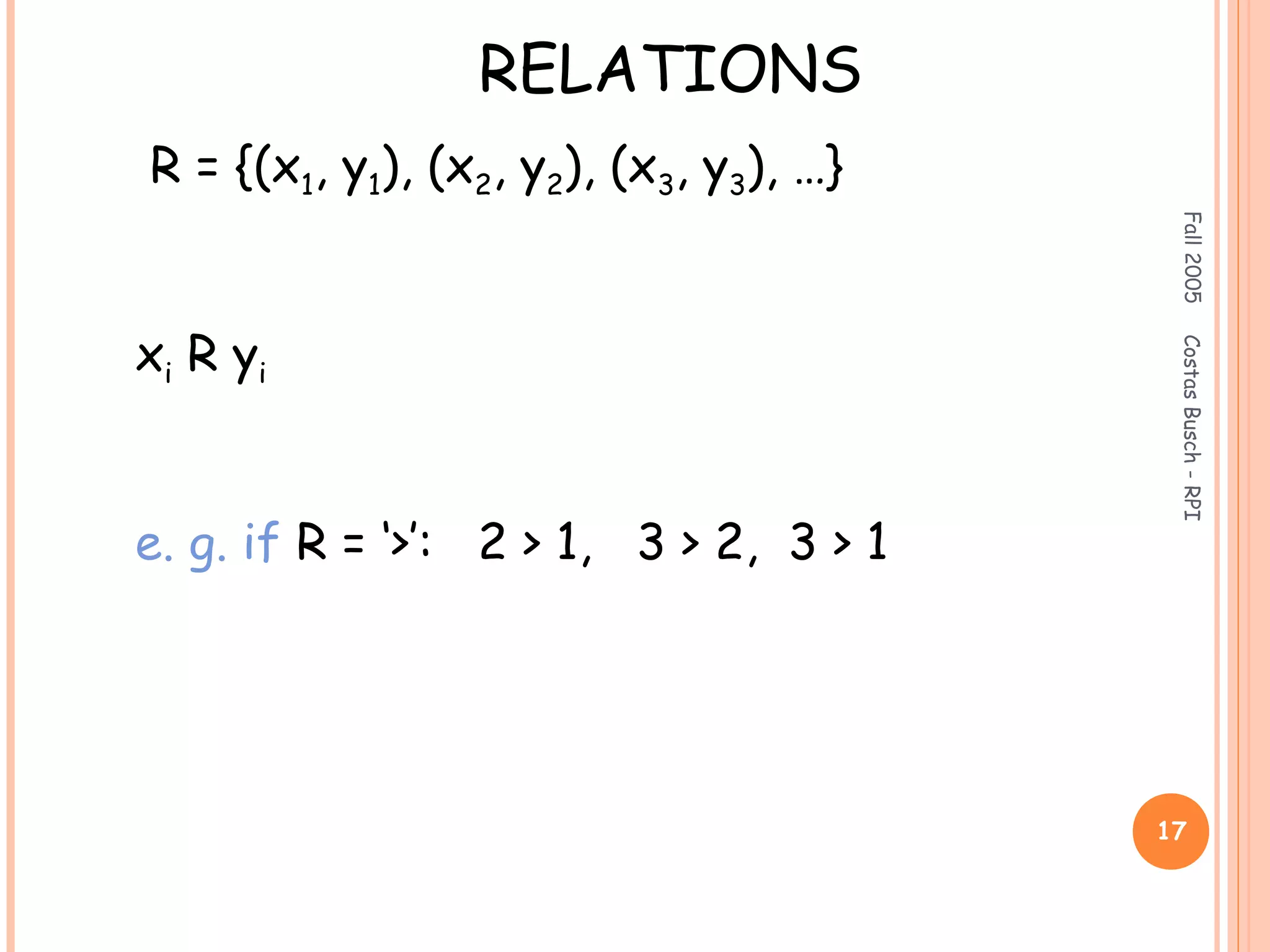 Fall2005CostasBusch-RPI
17
RELATIONS
R = {(x1, y1), (x2, y2), (x3, y3), …}
xi R yi
e. g. if R = ‘>’: 2 > 1, 3 > 2, 3 > 1
 