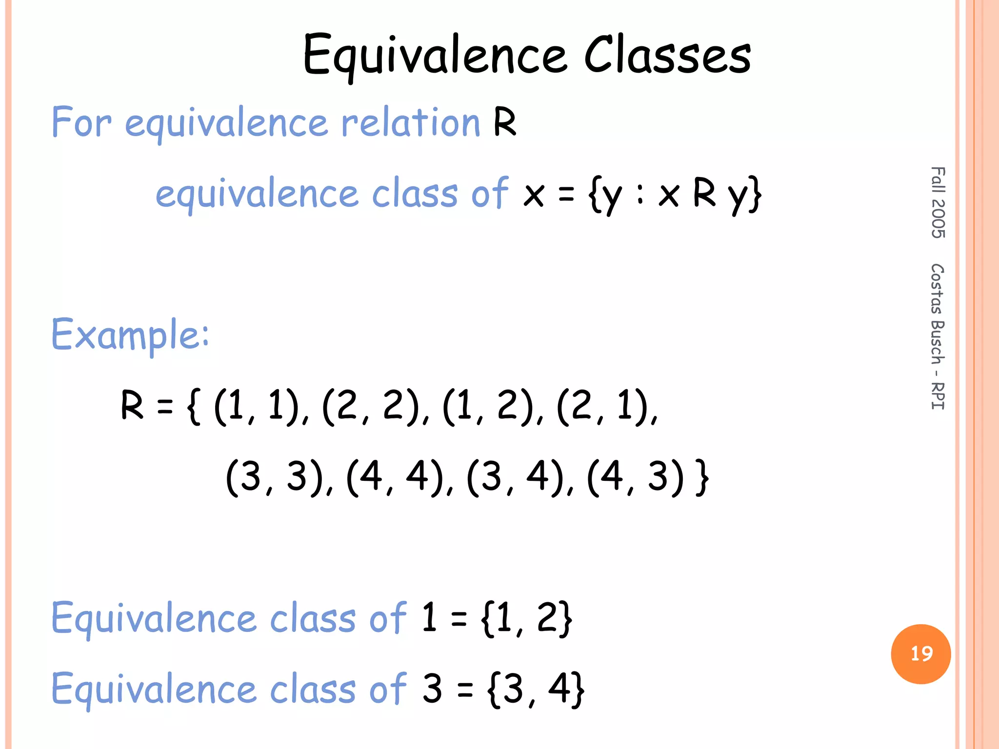 Fall2005CostasBusch-RPI
19
Equivalence Classes
For equivalence relation R
equivalence class of x = {y : x R y}
Example:
R = { (1, 1), (2, 2), (1, 2), (2, 1),
(3, 3), (4, 4), (3, 4), (4, 3) }
Equivalence class of 1 = {1, 2}
Equivalence class of 3 = {3, 4}
 