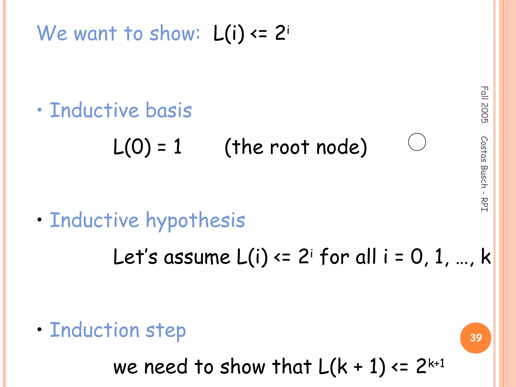 Fall2005CostasBusch-RPI
39
We want to show: L(i) <= 2i
• Inductive basis
L(0) = 1 (the root node)
• Inductive hypothesis
Let’s assume L(i) <= 2i
for all i = 0, 1, …, k
• Induction step
we need to show that L(k + 1) <= 2k+1
 
