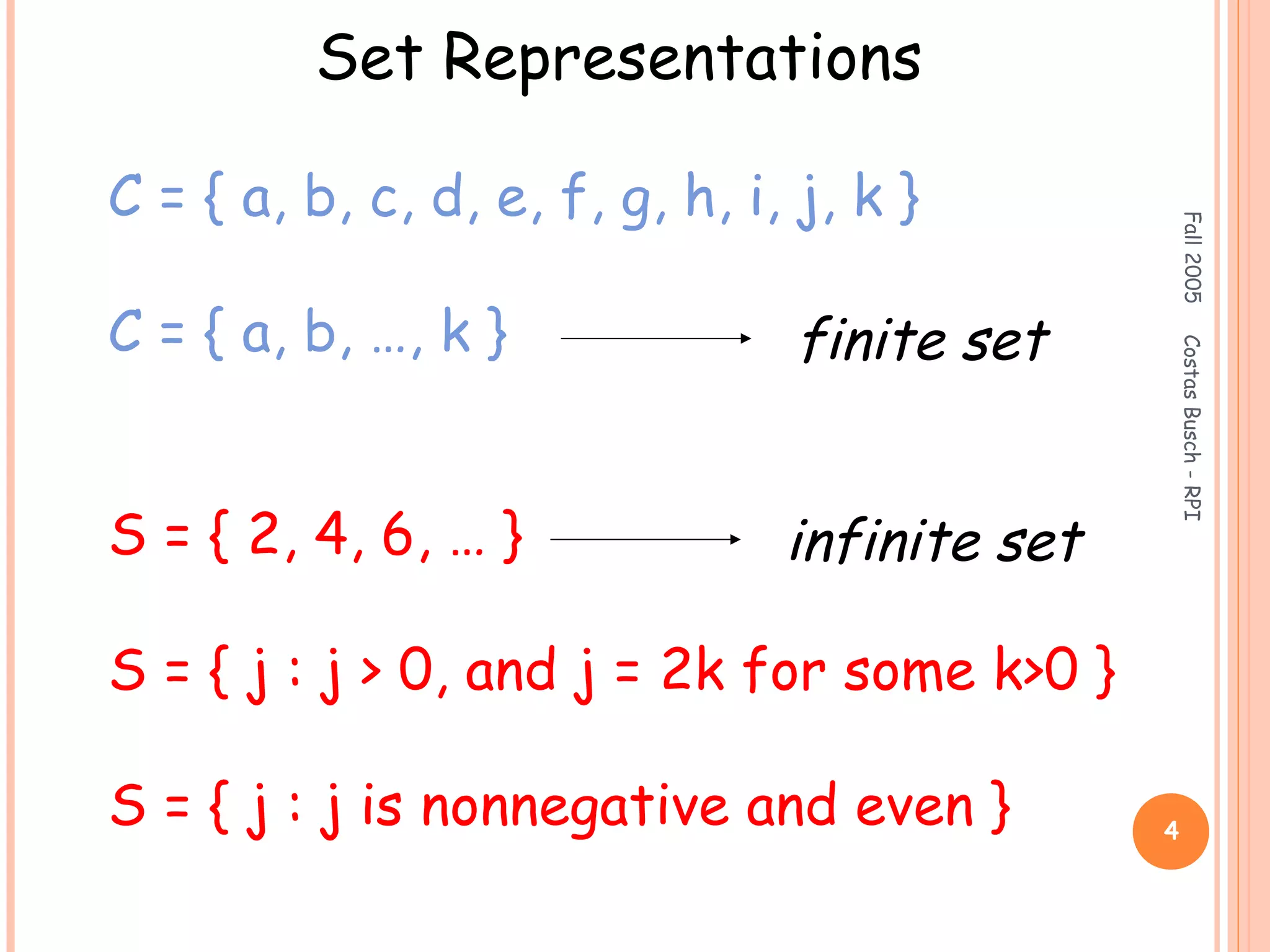 Fall2005CostasBusch-RPI
4
Set Representations
C = { a, b, c, d, e, f, g, h, i, j, k }
C = { a, b, …, k }
S = { 2, 4, 6, … }
S = { j : j > 0, and j = 2k for some k>0 }
S = { j : j is nonnegative and even }
finite set
infinite set
 