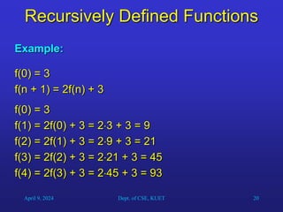 20
Recursively Defined Functions
Example:
f(0) = 3
f(n + 1) = 2f(n) + 3
f(0) = 3
f(1) = 2f(0) + 3 = 23 + 3 = 9
f(2) = 2f(1) + 3 = 29 + 3 = 21
f(3) = 2f(2) + 3 = 221 + 3 = 45
f(4) = 2f(3) + 3 = 245 + 3 = 93
April 9, 2024 Dept. of CSE, KUET
 