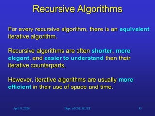 33
Recursive Algorithms
For every recursive algorithm, there is an equivalent
iterative algorithm.
Recursive algorithms are often shorter, more
elegant, and easier to understand than their
iterative counterparts.
However, iterative algorithms are usually more
efficient in their use of space and time.
April 9, 2024 Dept. of CSE, KUET
 