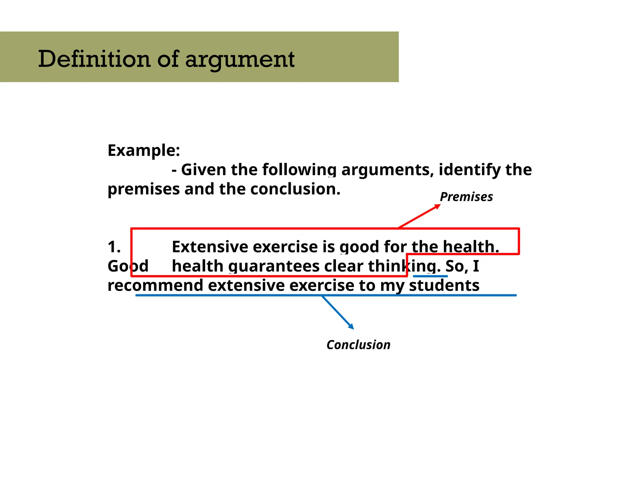 Example:
- Given the following arguments, identify the
premises and the conclusion.
1. Extensive exercise is good for the health.
Good health guarantees clear thinking. So, I
recommend extensive exercise to my students
Definition of argument
Conclusion
Premises
 