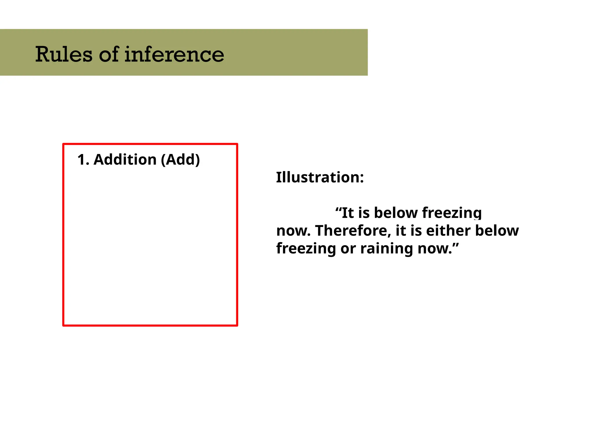 1. Addition (Add)
Rules of inference
Illustration:
“It is below freezing
now. Therefore, it is either below
freezing or raining now.”
 