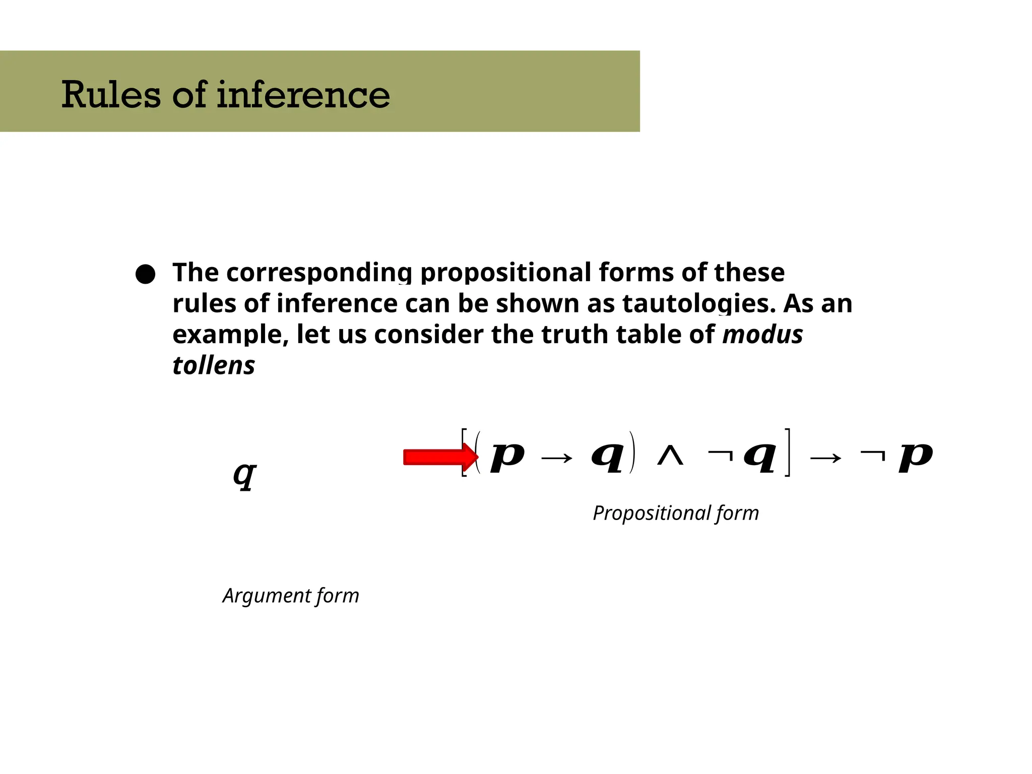 ● The corresponding propositional forms of these
rules of inference can be shown as tautologies. As an
example, let us consider the truth table of modus
tollens
Rules of inference
q [( 𝒑 → 𝒒) ∧ ¬𝒒 ] →¬ 𝒑
Argument form
Propositional form
 