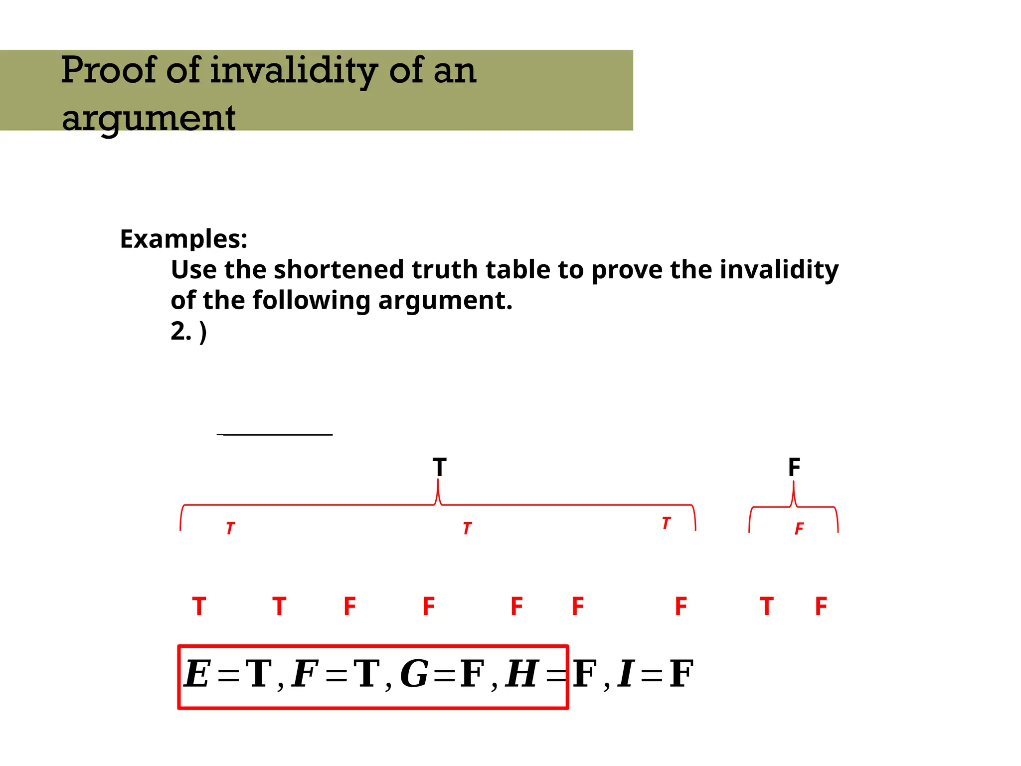Examples:
Use the shortened truth table to prove the invalidity
of the following argument.
2. )
___________
Proof of invalidity of an
argument
F
T
T F F
F
F
F
T
𝑬=𝐓, 𝑭 =𝐓, 𝑮=𝐅 , 𝑯=𝐅 , 𝑰=𝐅
T F
T T T F
 