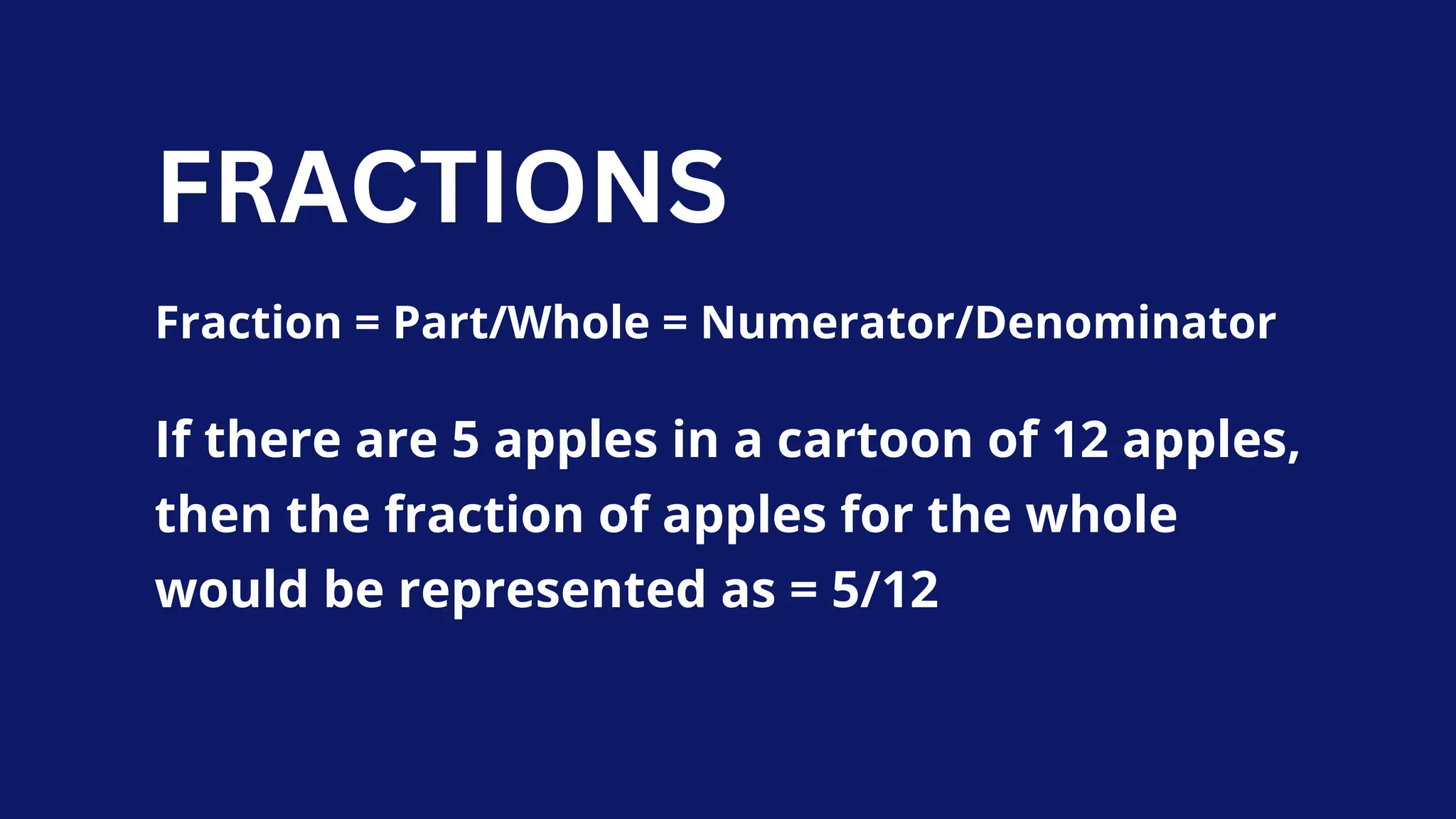 If there are 5 apples in a cartoon of 12 apples,
then the fraction of apples for the whole
would be represented as = 5/12
Fraction = Part/Whole = Numerator/Denominator
FRACTIONS
 