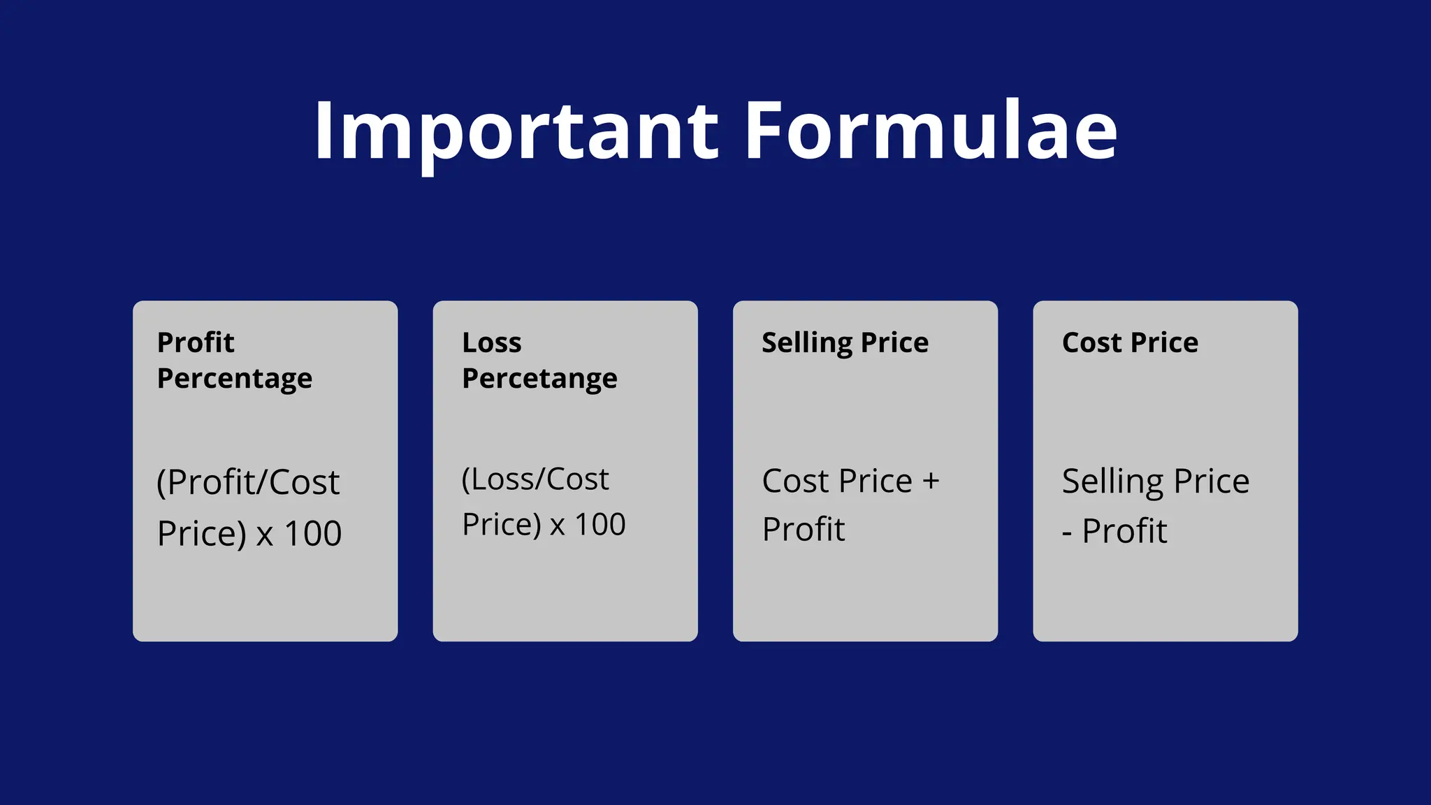 Profit
Percentage
(Profit/Cost
Price) x 100
Loss
Percetange
(Loss/Cost
Price) x 100
Selling Price
Cost Price +
Profit
Cost Price
Selling Price
- Profit
Important Formulae
 