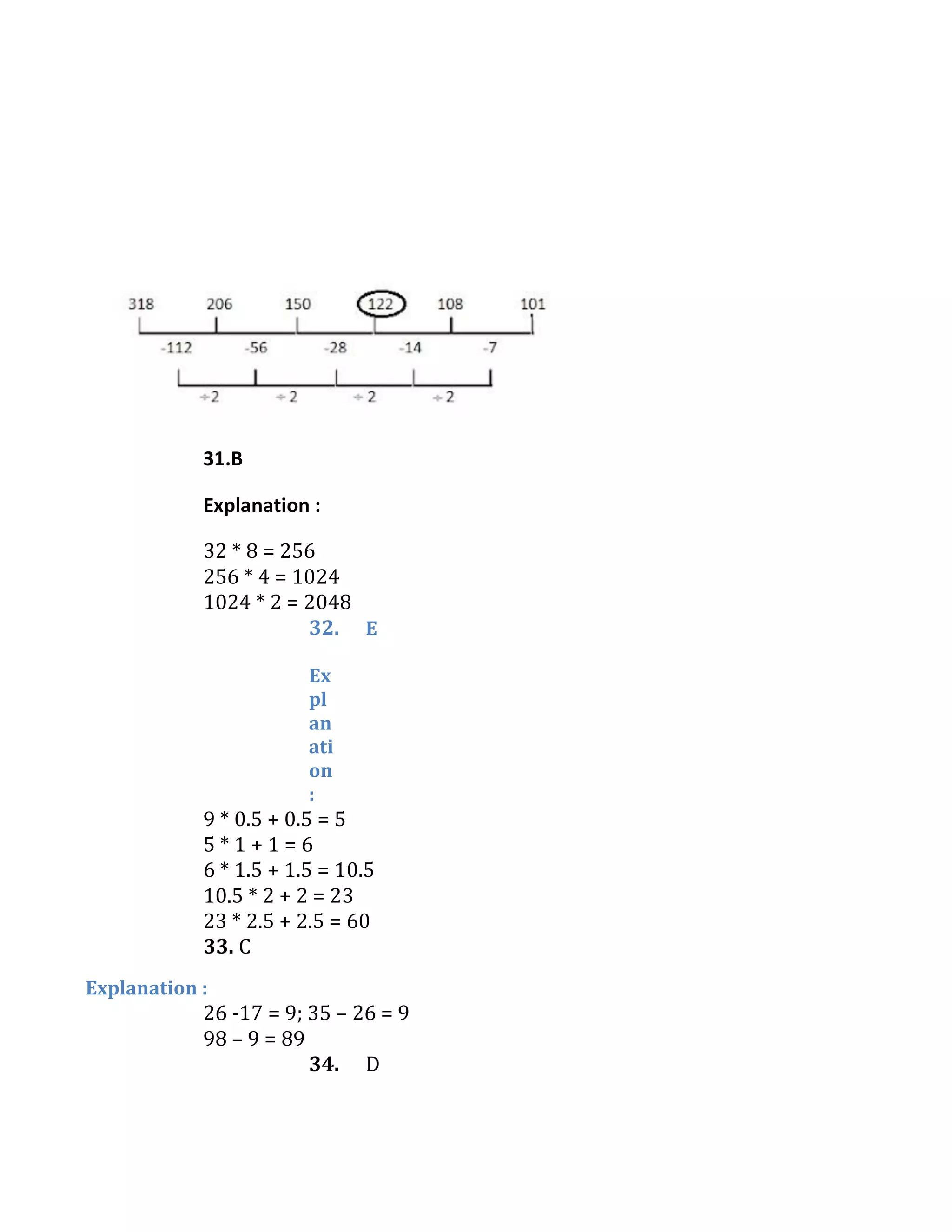 31.B
Explanation :
32 * 8 = 256
256 * 4 = 1024
1024 * 2 = 2048
32. E
Ex
pl
an
ati
on
:
9 * 0.5 + 0.5 = 5
5 * 1 + 1 = 6
6 * 1.5 + 1.5 = 10.5
10.5 * 2 + 2 = 23
23 * 2.5 + 2.5 = 60
33. C
Explanation :
26 -17 = 9; 35 – 26 = 9
98 – 9 = 89
34. D
 
