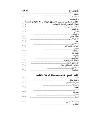 ‫الصفحة‬                                                                      ‫الموضوع‬
                             ‫المتعلم......................................................‬
‫٠٤١‬                                                                             ‫الخالصة‬
                   ‫والتوصيات..........................................................‬
  ‫الفصل السادس: تدريس االستدالل الرياضي مع العوامل الخمسة‬
‫٦٤١‬       ‫اإلطار المفاھيمي للبنائية االجتماعية......................................‬
‫٧٤١‬                                                                 ‫الكفاءة والممارسات‬
                                ‫الرياضية.................................................‬
‫٩٤١‬                                                                                 ‫فصلي‬
               ‫والمھام....................................................................‬
‫٤٥١‬       ‫تحليل مبدئي...................................................................‬
‫٤٥١‬      ‫تفاعل الفصل...................................................................‬
‫٦٥١‬                                                                                   ‫عمل‬
              ‫المتعلمين...................................................................‬
‫٨٥١‬                                                                  ‫العوامل الخمسة في‬
                                 ‫الدرس...................................................‬
‫٨٥١‬                                                                                ‫الطالقة‬
                   ‫اإلجرائية..............................................................‬
‫٠٦١‬                                                                                ‫اإلدراك‬
                  ‫المفاھيمي..............................................................‬
‫٢٦١‬       ‫الكفاية اإلستراتيجية..........................................................‬
‫٣٦١‬        ‫االستدالل التكيفي............................................................‬
‫٤٦١‬                                                           ‫العوامل الخمسة في عمل‬
                                       ‫المتعلمين..........................................‬
‫٦٦١‬      ‫الخالصة........................................................................‬
                                                                                         ‫.‬
                  ‫الفصل السابع: تدريس ممارسات البرھان والتفسير‬
‫٢٧١‬                                                                                   ‫البناء‬
             ‫والممارسات...............................................................‬
‫٣٧١‬                                                                   ‫ممارسات التفسير‬
                              ‫والبرھنة...................................................‬
‫٤٧١‬                                                                                  ‫أھمية‬
               ‫المھام......................................................................‬
‫٥٧١‬                                                                               ‫مشاركة‬
                   ‫المعلم..................................................................‬
‫٧٧١‬      ‫فصلي...........................................................................‬
                                                                                           ‫.‬
‫٠٨١‬                                                                    ‫إجابات المتعلمين‬
                            ‫المكتوبة......................................................‬
 