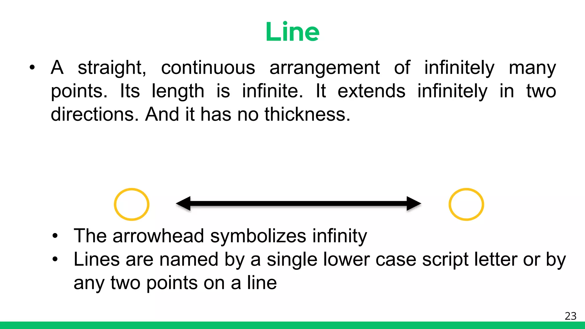 Line
23
• A straight, continuous arrangement of infinitely many
points. Its length is infinite. It extends infinitely in two
directions. And it has no thickness.
• The arrowhead symbolizes infinity
• Lines are named by a single lower case script letter or by
any two points on a line
 