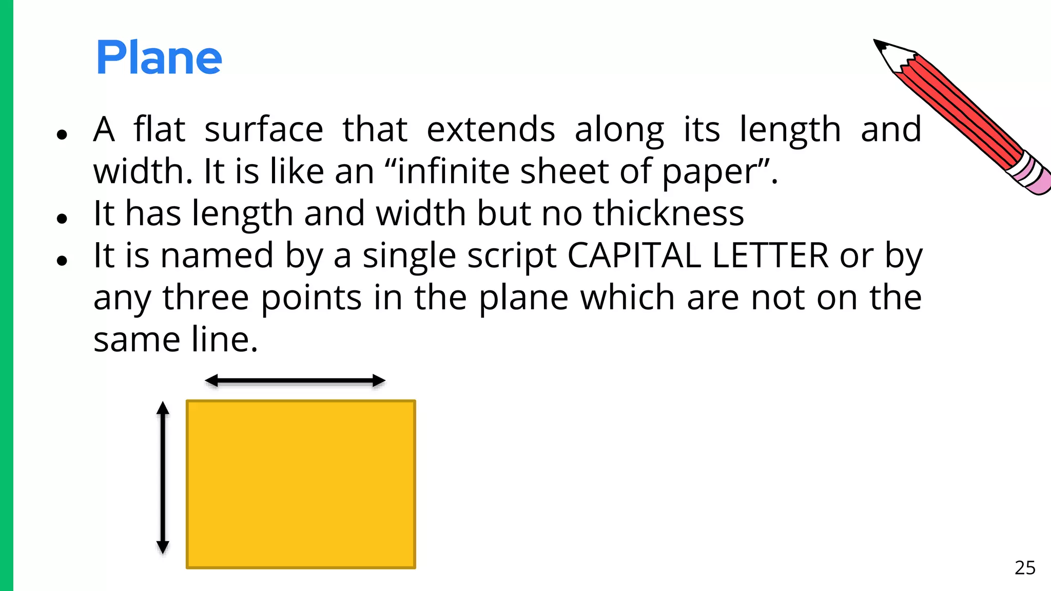 Plane
● A flat surface that extends along its length and
width. It is like an “infinite sheet of paper”.
● It has length and width but no thickness
● It is named by a single script CAPITAL LETTER or by
any three points in the plane which are not on the
same line.
25
 