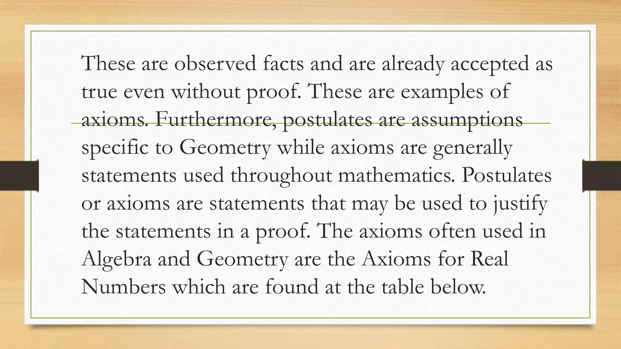These are observed facts and are already accepted as
true even without proof. These are examples of
axioms. Furthermore, postulates are assumptions
specific to Geometry while axioms are generally
statements used throughout mathematics. Postulates
or axioms are statements that may be used to justify
the statements in a proof. The axioms often used in
Algebra and Geometry are the Axioms for Real
Numbers which are found at the table below.
 