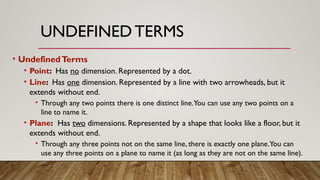 UNDEFINED TERMS
• UndefinedTerms
• Point: Has no dimension. Represented by a dot.
• Line: Has one dimension. Represented by a line with two arrowheads, but it
extends without end.
• Through any two points there is one distinct line.You can use any two points on a
line to name it.
• Plane: Has two dimensions. Represented by a shape that looks like a floor, but it
extends without end.
• Through any three points not on the same line, there is exactly one plane.You can
use any three points on a plane to name it (as long as they are not on the same line).
 