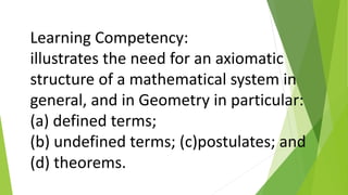 Learning Competency:
illustrates the need for an axiomatic
structure of a mathematical system in
general, and in Geometry in particular:
(a) defined terms;
(b) undefined terms; (c)postulates; and
(d) theorems.
 