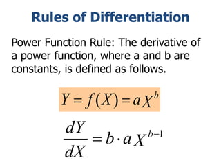 Rules of Differentiation
Power Function Rule: The derivative of
a power function, where a and b are
constants, is defined as follows.
( ) b
Y f X aX
 
1
b
dY
b aX
dX

 
 