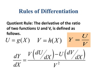 Rules of Differentiation
Quotient Rule: The derivative of the ratio
of two functions U and V, is defined as
follows.
( )
U g X
 ( )
V h X

U
Y
V

   
2
dU dV
V U
dY dX dX
dX V


 