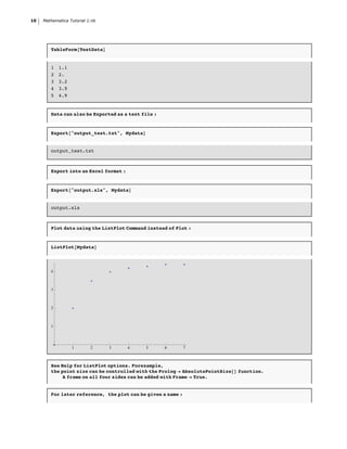10   Mathematica Tutorial 1.nb




        TableForm@TestDataD


        1   1.1
        2   2.
        3   3.2
        4   3.9
        5   4.9


        Data can also be Exported as a text file :


        Export@"output_test.txt", MydataD


        output_test.txt



        Export into an Excel format :


        Export@"output.xls", MydataD


        output.xls



        Plot data using the ListPlot Command instead of Plot :


        ListPlot@MydataD




        4



        3



        2



        1




                  1        2     3      4    5       6        7



        See Help for ListPlot options. Forexample,
        the point size can be controlled with the Prolog Ø AbsolutePointSize@D function.
             A frame on all four sides can be added with Frame Ø True.


        For later reference, the plot can be given a name :
 