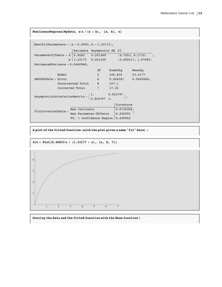 Mathematica Tutorial 1.nb   13




NonlinearRegress@Mydata, a x ê Hx + bL, 8a, b<, xD



:BestFitParameters Ø 8a Ø 5.4583, b Ø 1.33173<,


                                                  84.7451, 6.1715<
                           Estimate Asymptotic SE CI

                                                  80.692517, 1.97095<
    ParameterCITable Ø a   5.4583   0.291469                          ,
                       b   1.33173 0.261235
    EstimatedVariance Ø 0.0440968,
                                          DF       SumOfSq    MeanSq
                 Model                    2        106.835    53.4177
    ANOVATable Ø Error                    6        0.264581   0.0440968 ,
                 Uncorrected Total        8        107.1
                 Corrected Total          7        17.32

                                     1.       0.924797
    AsymptoticCorrelationMatrix Ø                      ,
                                     0.924797 1.
                                                Curvature

                                                          >
                        Max Intrinsic           0.0735356
    FitCurvatureTable Ø
                        Max Parameter-Effects   0.248355
                        95. % Confidence Region 0.440942


A plot of the fitted function Hwith the plot given a name "fit" hereL :


fit = Plot@5.45833 x ê H1.33177 + xL, 8x, 0, 7<D




4



3



2



1




          1      2     3       4      5        6       7



Overlay the data and the fitted function with the Show function :
 