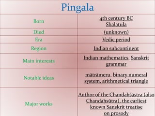 Pingala
Born
4th century BC
Shalatula
Died (unknown)
Era Vedic period
Region Indian subcontinent
Main interests
Indian mathematics, Sanskrit
grammar
Notable ideas
mātrāmeru, binary numeral
system, arithmetical triangle
Major works
Author of the Chandaḥśāstra (also
Chandaḥsūtra), the earliest
known Sanskrit treatise
on prosody
 