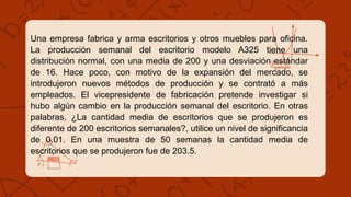 Una empresa fabrica y arma escritorios y otros muebles para oficina.
La producción semanal del escritorio modelo A325 tiene una
distribución normal, con una media de 200 y una desviación estándar
de 16. Hace poco, con motivo de la expansión del mercado, se
introdujeron nuevos métodos de producción y se contrató a más
empleados. El vicepresidente de fabricación pretende investigar si
hubo algún cambio en la producción semanal del escritorio. En otras
palabras, ¿La cantidad media de escritorios que se produjeron es
diferente de 200 escritorios semanales?, utilice un nivel de significancia
de 0.01. En una muestra de 50 semanas la cantidad media de
escritorios que se produjeron fue de 203.5.
 