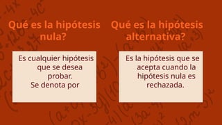 Qué es la hipótesis
nula?
Es cualquier hipótesis
que se desea
probar.
Se denota por
Qué es la hipótesis
alternativa?
Es la hipótesis que se
acepta cuando la
hipótesis nula es
rechazada.
 