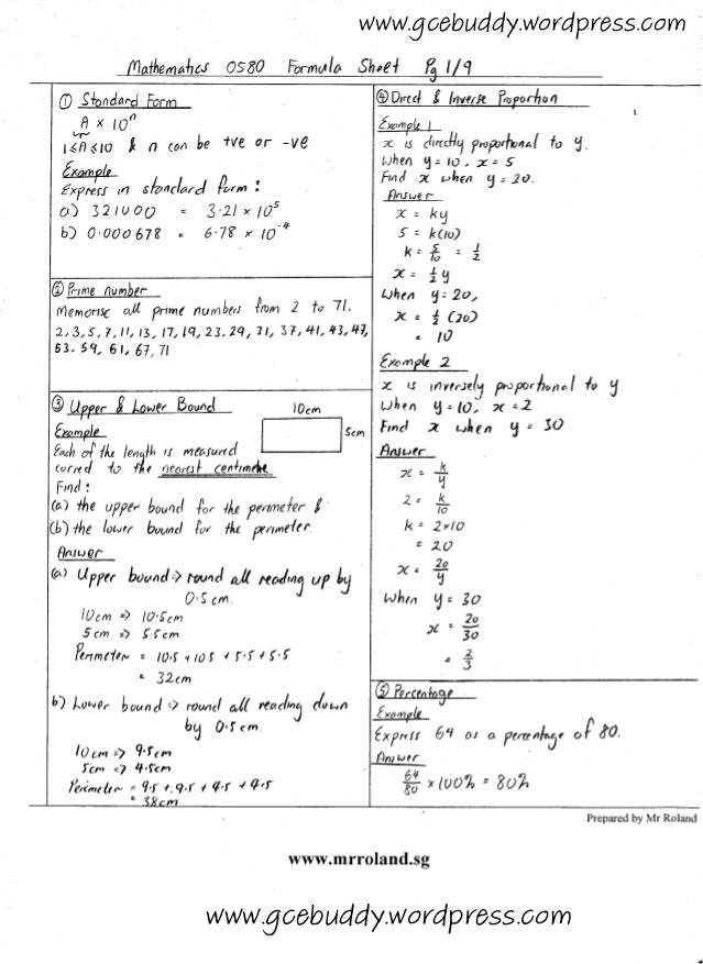 10th Grade Formula Chart