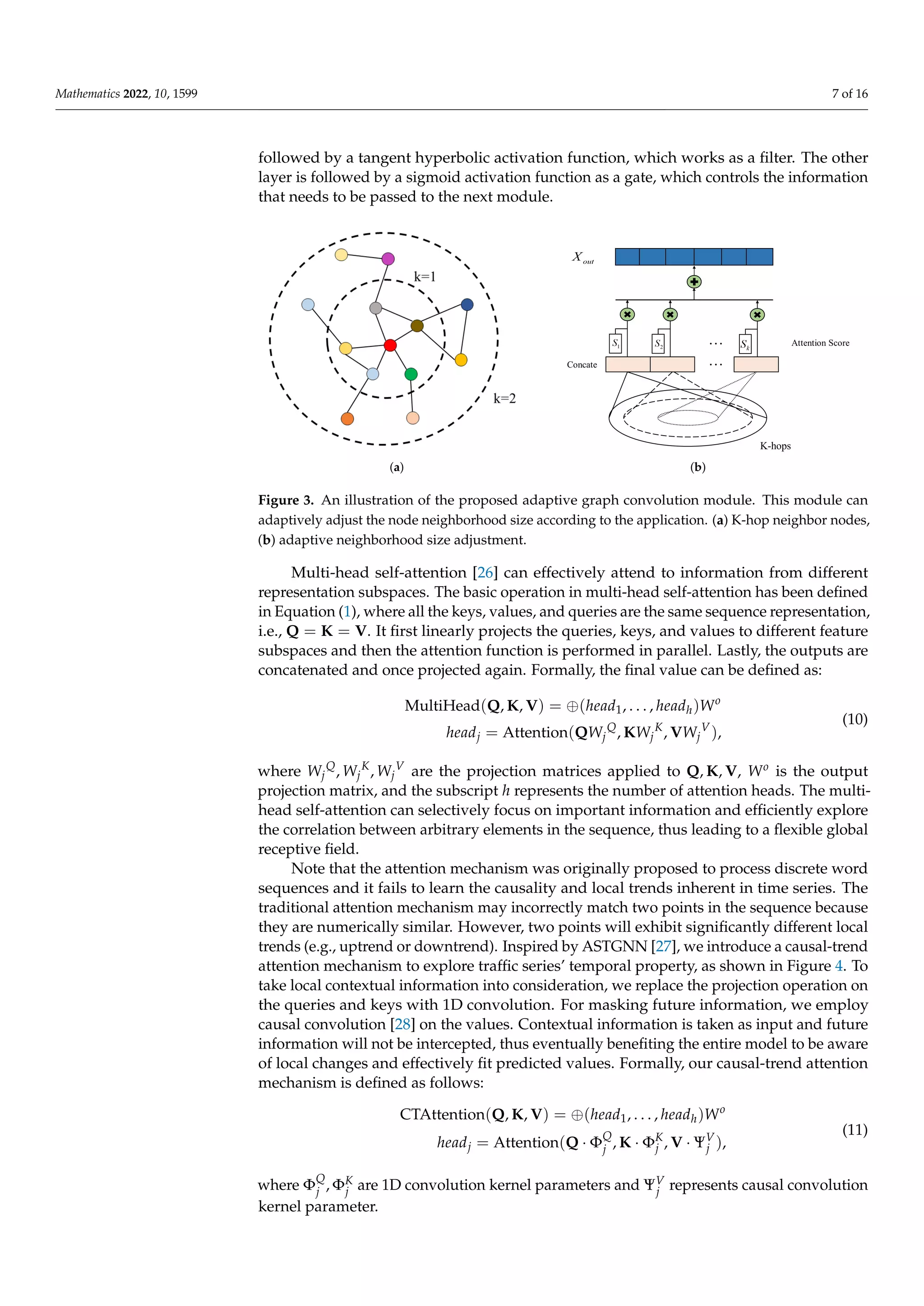 Mathematics 2022, 10, 1599 7 of 16
followed by a tangent hyperbolic activation function, which works as a filter. The other
layer is followed by a sigmoid activation function as a gate, which controls the information
that needs to be passed to the next module.
(a) (b)
Figure 3. An illustration of the proposed adaptive graph convolution module. This module can
adaptively adjust the node neighborhood size according to the application. (a) K-hop neighbor nodes,
(b) adaptive neighborhood size adjustment.
Multi-head self-attention [26] can effectively attend to information from different
representation subspaces. The basic operation in multi-head self-attention has been defined
in Equation (1), where all the keys, values, and queries are the same sequence representation,
i.e., Q = K = V. It first linearly projects the queries, keys, and values to different feature
subspaces and then the attention function is performed in parallel. Lastly, the outputs are
concatenated and once projected again. Formally, the final value can be defined as:
MultiHead(Q, K, V) = ⊕(head1, . . . , headh)Wo
headj = Attention(QWj
Q
, KWj
K
, VWj
V
),
(10)
where Wj
Q
, Wj
K
, Wj
V
are the projection matrices applied to Q, K, V, Wo is the output
projection matrix, and the subscript h represents the number of attention heads. The multi-
head self-attention can selectively focus on important information and efficiently explore
the correlation between arbitrary elements in the sequence, thus leading to a flexible global
receptive field.
Note that the attention mechanism was originally proposed to process discrete word
sequences and it fails to learn the causality and local trends inherent in time series. The
traditional attention mechanism may incorrectly match two points in the sequence because
they are numerically similar. However, two points will exhibit significantly different local
trends (e.g., uptrend or downtrend). Inspired by ASTGNN [27], we introduce a causal-trend
attention mechanism to explore traffic series’ temporal property, as shown in Figure 4. To
take local contextual information into consideration, we replace the projection operation on
the queries and keys with 1D convolution. For masking future information, we employ
causal convolution [28] on the values. Contextual information is taken as input and future
information will not be intercepted, thus eventually benefiting the entire model to be aware
of local changes and effectively fit predicted values. Formally, our causal-trend attention
mechanism is defined as follows:
CTAttention(Q, K, V) = ⊕(head1, . . . , headh)Wo
headj = Attention(Q · ΦQ
j , K · ΦK
j , V · ΨV
j ),
(11)
where ΦQ
j , ΦK
j are 1D convolution kernel parameters and ΨV
j represents causal convolution
kernel parameter.
 