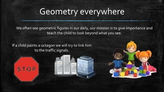 Geometry everywhere
We often see geometric figures in our daily, our mission is to give importance and
teach the child to look beyond what you see.
If a child paints a octagon we will try to link him
to the traffic signals.

 