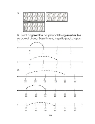 5.

B. Isulat ang fraction na ipinapakita ng number line
sa bawat bilang. Basahin ang mga ito pagkatapos.
1.

2.

169

 