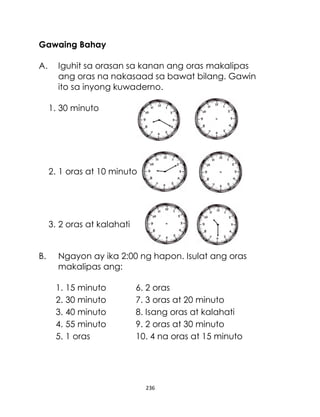 Gawaing Bahay
A.

Iguhit sa orasan sa kanan ang oras makalipas
ang oras na nakasaad sa bawat bilang. Gawin
ito sa inyong kuwaderno.
1. 30 minuto

2. 1 oras at 10 minuto

3. 2 oras at kalahati
B.

Ngayon ay ika 2:00 ng hapon. Isulat ang oras
makalipas ang:
1. 15 minuto
2. 30 minuto
3. 40 minuto
4. 55 minuto
5. 1 oras

6. 2 oras
7. 3 oras at 20 minuto
8. Isang oras at kalahati
9. 2 oras at 30 minuto
10. 4 na oras at 15 minuto

236

 