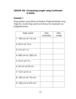 LESSON 102 -Comparing Length using Centimeter
or Meter
Gawain 1
Pag-aralan ang datos sa ibaba. Paghambingin ang
mga ito. Isulat ang sukat sa hanay na naaayon sa
paglalarawan.
Mga sukat

Mas
mahaba

1. 100 cm at 115 cm
2. 23 m at 15 m
3. 6 m at 1 m
4. 400 cm at 500 cm
5. 10 m at 7 m
6. 25 cm at 52 cm
7. 15 m at 51 m
8. 120 cm at 110 cm
9. 150 cm at 510 cm

249

Mas
maikli

 
