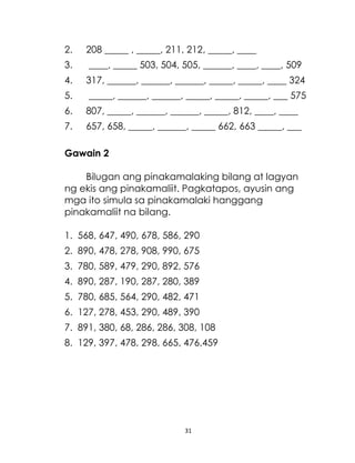 2.

208 _____ , _____, 211, 212, _____, ____

3.

____, _____ 503, 504, 505, ______, ____, ____, 509

4.

317, ______, ______, ______, _____, _____, ____ 324

5.

_____, ______, ______, _____, _____, _____, ___ 575

6.

807, _____, ______, ______, _____, 812, ____, ____

7.

657, 658, _____, ______, _____ 662, 663 _____, ___

Gawain 2
Bilugan ang pinakamalaking bilang at lagyan
ng ekis ang pinakamaliit. Pagkatapos, ayusin ang
mga ito simula sa pinakamalaki hanggang
pinakamaliit na bilang.
1. 568, 647, 490, 678, 586, 290
2. 890, 478, 278, 908, 990, 675
3. 780, 589, 479, 290, 892, 576
4. 890, 287, 190, 287, 280, 389
5. 780, 685, 564, 290, 482, 471
6. 127, 278, 453, 290, 489, 390
7. 891, 380, 68, 286, 286, 308, 108
8. 129, 397, 478, 298, 665, 476,459

31

 