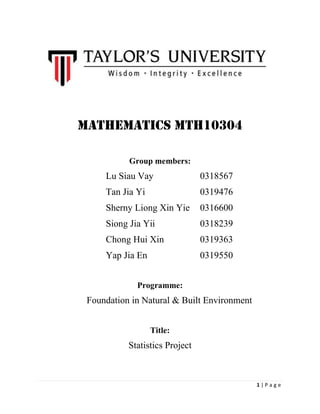 1 | P a g e
Mathematics MTH10304
Group members:
Lu Siau Vay 0318567
Tan Jia Yi 0319476
Sherny Liong Xin Yie 0316600
Siong Jia Yii 0318239
Chong Hui Xin 0319363
Yap Jia En 0319550
Programme:
Foundation in Natural & Built Environment
Title:
Statistics Project
 