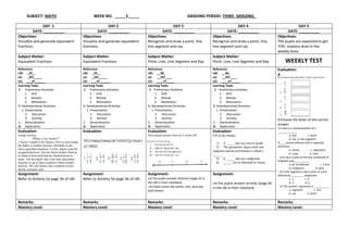SUBJECT: MATH WEEK NO. _____5_____ GRADING PERIOD: THIRD GRADING_
DAY 1 DAY 2 DAY 3 DAY 4 DAY 5
DATE: __________ DATE: __________ DATE: __________ DATE: __________ DATE: __________
Objectives:
Visualize and generate equivalent
fractions.
Objectives:
Visualize and generate equivalent
fractions.
Objectives:
Recognize and draw a point, line,
line segment and ray.
Objectives:
Recognize and draw a point, line,
line segment and ray.
Objectives:
The pupils are expected to get
75% mastery level in the
weekly tests.
Subject Matter:
Equivalent Fractions
Subject Matter:
Equivalent Fractions
Subject Matter:
Point, Line, Line Segment and Ray
Subject Matter:
Point, Line, Line Segment and Ray WEEKLY TEST
Reference:
LM: _33__
LG: _291_____
CG: ___37______
Reference:
LM: _33__
LG: _291_____
CG: ___37______
Reference:
LM: __38_
LG: __297____
CG: ____37_____
Reference:
LM: __38_
LG: __297____
CG: ____37_____
Evaluation:
A
B.Choose the letter of the correct
answer.
1) A dot is a representation of a
_____________.
a. line c. point
b. ray d. line segment
2) ___ extend without end in opposite
directions.
a. Points c. Segments
b. Lines d. Dots
3) A ray is a part of the line composed of
endpoint and__________.
a. an arrowhead c. a line
b. endpoints d. dots
4) A line segment is also a part of a line
defined by ________ endpoints.
a. 1 c. 3
b. 2 d. 4
5) This symbol represents a __________.
a. segment c. line
b. ray d. point
Learning Tasks
A. Preliminary Activities
1. Drill
2. Review
3. Motivation
B. Developmental Activities
1. Presentation
2. Discussion
3. Activity
C. Generalization
D. Application
Learning Tasks
A. Preliminary Activities
1. Drill
2. Review
3. Motivation
B. Developmental Activities
1. Presentation
2. Discussion
3. Activity
C. Generalization
D. Application
Learning Tasks
A. Preliminary Activities
1. Drill
2. Review
3. Motivation
B. Developmental Activities
1. Presentation
2. Discussion
3. Activity
C. Generalization
D. Application
Learning Tasks
A. Preliminary Activities
1. Drill
2. Review
3. Motivation
B. Developmental Activities
1. Presentation
2. Discussion
3. Activity
C. Generalization
D. Application
Evaluation:
Group Activity
“Where is my Family?”
Choose 5 pupils to be leaders. Give to each leader
the father or mother fraction. Distribute to the
class equivalent fractions. Let the pupils wear the
assigned fractions. Ask the father/mother fraction
to stand in front and hold the fraction given to
them. Tell the pupils who wear their equivalent
fractions to go to their respective father/mother
fraction. The first family who complete his/her
family correctly wins.
Evaluation: Evaluation:
Have pupils answer Activity 2 in the LM.
Evaluation:
Fill in the blanks.
1) A _____ has two arrow heads.
2) The geometric figure with one
endpoint and an arrowhead is called a
______.
3) A _____ has two endpoints.
4) _____ can be denoted by letters.
Assignment:
Refer to Activity 5a page 36 of LM.
Assignment:
Refer to Activity 5b page 36 of LM.
Assignment:
Let the pupils answer Activity 6 page 43 in
the LM in their notebook.
Let them name the points, line, and rays
with letters.
Assignment:
Let the pupils answer Activity 2page 40
in the LM in their notebook.
Remarks: Remarks: Remarks: Remarks: Remarks:
Mastery Level: Mastery Level: Mastery Level: Mastery Level: Mastery Level:
 