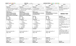 SUBJECT: MATHEMATICS WEEK NO. _____5____ GRADING PERIOD: FOURTH GRADING
DAY 1 DAY 2 DAY 3 DAY 4 DAY 5
DATE: __________ DATE: __________ DATE: __________ DATE: __________ DATE: __________
Objectives:
1. Solve routine and non-routine problems
involving areas of squares and rectangles
2. Create word problems involving area
with reasonable answer
Value Focus
Objectives:
1. Solve routine and non-routine problems
involving areas of squares and rectangles
2. Create word problems involving area
with reasonable answer
Value Focus
Objectives:
1. Find the capacity of a container
using milliliter/liter
2. Convert liter to milliliter and vice
versa
Objectives:
1. Find the capacity of a container
using milliliter/liter
2. Convert liter to milliliter and vice
versa
Objectives:
The pupils are expected to get
75% mastery level in the
weekly tests.
Subject Matter:
Lesson 81 Routine and Non-
Routine Problems involving
Areas of Squares and Rectangles
Subject Matter:
Lesson 81 Routine and Non-
Routine Problems involving
Areas of Squares and Rectangles
Subject Matter:
Lesson 82 Capacity of a Container
using Milliliter/Liter
Subject Matter:
Lesson 82 Capacity of a Container
using Milliliter/Liter WEEKLY TEST
Reference:
LM: _297__
TG: ___371___
CG: ___40___
Reference:
LM: _297__
TG: ___371___
CG: ___40___
Reference:
LM: _304__
TG: _375_____
CG: __40____
Reference:
LM: _304__
TG: _375_____
CG: __40____
Evaluation:
Solve for the area.
1. A table top that is two meters
long and one meter wide.
2. A small door that is 30 cm long
and 20 cm wide.
3. A window that is 50 cm long
and 30 cm wide.
4. What is the area of a
handkerchief which has 25 cm. on
all sides?
5. A square-shaped lawn is 5
meters on its side. What is the
area?
B. Solve
A recipe calls for ½ L of vinegar, 1/4 L
of soy sauce and ¾ L of water.
How many milliliters will each liquid
contain? How many liters of liquid
are there in the recipe? milliliters of
liquid?
Learning Tasks
A. Preliminary Activities
1. Drill
2. Review
3. Motivation
B. Developmental Activities
1. Presentation
2. Discussion
3. Activity
C. Generalization
D. Application
Learning Tasks
A. Preliminary Activities
1. Drill
2. Review
3. Motivation
B. Developmental Activities
1. Presentation
2. Discussion
3. Activity
C. Generalization
D. Application
Learning Tasks
A. Preliminary Activities
1. Drill
2. Review
3. Motivation
B. Developmental Activities
1. Presentation
2. Discussion
3. Activity
C. Generalization
D. Application
Learning Tasks
A. Preliminary Activities
1. Drill
2. Review
3. Motivation
B. Developmental Activities
1. Presentation
2. Discussion
3. Activity
C. Generalization
D. Application
Evaluation:
Work Activity No. 1
Page: 298
Evaluation:
Work Activity No. 3
Page: 300
Evaluation:
Work Activity No. 1
Page: 304
Evaluation:
Work Activity No. 3
Page: 306
Assignment:
Work Activity No. 2
Page: 299
Assignment:
Work Activity No. 4
Page: 301
Assignment:
Work Activity No. 2
Page: 305
Assignment:
Work Activity No. 4
Page: 306
Remarks: Remarks: Remarks: Remarks: Remarks:
Mastery Level: Mastery Level: Mastery Level: Mastery Level: Mastery Level:
 