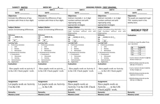 SUBJECT: MATH3 WEEK NO. _____8____ GRADING PERIOD: FIRST GRADING_
DAY 1 DAY 2 DAY 3 DAY 4 DAY 5
DATE: __________ DATE: __________ DATE: __________ DATE: __________ DATE: __________
Objectives:
Estimate the difference of two
numbers with three to four digits
Objectives:
Estimate the difference of two
numbers with three to four digits
Objectives:
Subtract mentally 1- to 2-digit
numbers without and with
regrouping using
appropriate strategies
Objectives:
Subtract mentally 1- to 2-digit
numbers without and with
regrouping using
appropriate strategies
Objectives:
The pupils are expected to get
75% mastery level in the
weekly tests.
Subject Matter:
Lesson 23 Estimating Differences
Subject Matter:
Lesson 23 Estimating Differences
Subject Matter:
Lesson 24 Subtracting Mentally1- to 2-
Digit Numbers without and with
Regrouping
Subject Matter:
Lesson 24 Subtracting Mentally1- to 2-
Digit Numbers without and with
Regrouping
WEEKLY TEST
Reference:
LM: _ _ M3NS-Ih-36_
TG: ______
CG: __32____
Reference:
LM: _ _ M3NS-Ih-36_
TG: ______
CG: __32____
Reference:
LM: _ M3NS-Ih-33.5__
TG: ______
CG: ___32___
Reference:
LM: _ M3NS-Ih-33.5__
TG: ______
CG: ___32___
Evaluation:
Learning Tasks
A. Preliminary Activities
1. Drill
2. Review
3. Motivation
B. Developmental Activities
1. Presentation
2. Discussion
3. Activity
C. Generalization
D. Application
Learning Tasks
A. Preliminary Activities
1. Drill
2. Review
3. Motivation
B. Developmental Activities
1. Presentation
2. Discussion
3. Activity
C. Generalization
D. Application
Learning Tasks
A. Preliminary Activities
1. Drill
2. Review
3. Motivation
B. Developmental Activities
1. Presentation
2. Discussion
3. Activity
C. Generalization
D. Application
Learning Tasks
A. Preliminary Activities
1. Drill
2. Review
3. Motivation
B. Developmental Activities
1. Presentation
2. Discussion
3. Activity
C. Generalization
D. Application
Evaluation:
. Have pupils work on activity 4
in the LM. Check pupils’ work.
Evaluation:
. Have pupils work on activity __
in the LM. Check pupils’ work.
Evaluation:
. Have pupils work on Activity 4
in the LM. Check pupils’ work.
Evaluation:
. Have pupils work on Activity
___ in the LM. Check pupils’
work.
Assignment:
Let pupils work on Activity
5 in the LM.
Assignment:
Let pupils work on Activity
___ in the LM.
Assignment:
Have pupils work on
Activity 3 in the LM. Check
pupils’ work.
Assignment:
Have pupils work on
Activity ___ in the LM.
Check pupils’ work.
Remarks: Remarks: Remarks: Remarks: Remarks:
Mastery Level: Mastery Level: Mastery Level: Mastery Level: Mastery Level:
 
