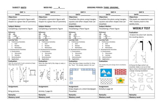 SUBJECT: MATH WEEK NO. _____8_____ GRADING PERIOD: THIRD GRADING_
DAY 1 DAY 2 DAY 3 DAY 4 DAY 5
DATE: __________ DATE: __________ DATE: __________ DATE: __________ DATE: __________
Objectives:
Complete a symmetric figure with
respect to a given line of symmetry
Objectives:
Complete a symmetric figure with
respect to a given line of symmetry
Objectives:
Tessellate the plane using triangles,
squares and other shapes that can
tessellate
Objectives:
Tessellate the plane using triangles,
squares and other shapes that can
tessellate
Objectives:
The pupils are expected to get
75% mastery level in the
weekly tests.
Subject Matter:
Completing a Symmetric Figure
Subject Matter:
Completing a Symmetric Figure
Subject Matter:
Tessellating a Plane Figure
Subject Matter:
Tessellating a Plane Figure WEEKLY TEST
Reference:
LM: _60__
LG: __318____
CG: _____38____
Reference:
LM: _60__
LG: __318____
CG: ___38______
Reference:
LM: __63_
LG: _322_____
CG: __38_______
Reference:
LM: _63__
LG: __322____
CG: ___38______
Evaluation:
.A Sketch the other half. Identify
the resulting objects.
B.Choose the figure which can
tessellate. Make a cut-out of that
figure using a colored paper and make
a design showing tessellation
Learning Tasks
A. Preliminary Activities
1. Drill
2. Review
3. Motivation
B. Developmental Activities
1. Presentation
2. Discussion
3. Activity
C. Generalization
D. Application
Learning Tasks
A. Preliminary Activities
1. Drill
2. Review
3. Motivation
B. Developmental Activities
1. Presentation
2. Discussion
3. Activity
C. Generalization
D. Application
Learning Tasks
A. Preliminary Activities
1. Drill
2. Review
3. Motivation
B. Developmental Activities
1. Presentation
2. Discussion
3. Activity
C. Generalization
D. Application
Learning Tasks
E. Preliminary Activities
4. Drill
5. Review
6. Motivation
F. Developmental Activities
4. Presentation
5. Discussion
6. Activity
G. Generalization
H. Application
Evaluation:
Draw the second half of each symmetrical shape.
What shape did you form?
Evaluation:
Draw the other half of the shape to make it
symmetrical.
Evaluation:
Show that these shapes tessellate by tiling
the “floor”. We already started it for you.
Evaluation:
Tell whether the given design shows tessellation.
Explain
Assignment:
Bring pictures.
Assignment:
Activity 2 page 61
Assignment:
Draw shapes on a short bondpaper.
Tessellate.
Assignment:
Activity 2 page 64
Remarks: Remarks: Remarks: Remarks: Remarks:
Mastery Level: Mastery Level: Mastery Level: Mastery Level: Mastery Level:
 