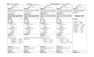 SUBJECT: MATHEMATICS WEEK NO. _____1____ GRADING PERIOD: FOURTH GRADING
DAY 1 DAY 2 DAY 3 DAY 4 DAY 5
DATE: __________ DATE: __________ DATE: __________ DATE: __________ DATE: __________
Objectives:
Convert time measure from seconds to
minutes, minutes to hours, and hours to
a day and vice versa
Objectives:
Convert time measure from seconds to
minutes, minutes to hours, and hours to
a day and vice versa
Objectives:
Convert time measure from days to weeks,
months and years and vice versa, weeks to
months and years and vice versa, months to
years and vice versa.
Objectives:
Convert time measure from days to weeks,
months and years and vice versa, weeks to
months and years and vice versa, months to
years and vice versa.
Objectives:
The pupils are expected to get
75% mastery level in the
weekly tests.
Subject Matter:
Lesson 72 Converting TimeMeasure
involving Seconds, Minutes, Hours
and Day
Subject Matter:
Lesson 72 Converting TimeMeasure
involving Seconds, Minutes, Hours
and Day
Subject Matter:
Lesson 73 Converting TimeMeasure
involving Days, Weeks, Months and
Years
Subject Matter:
Lesson 73 Converting TimeMeasure
involving Days, Weeks, Months and
Years
WEEKLY TEST
Reference:
LM: _265__
TG: __335____
CG: __39____
Reference:
LM: _265__
TG: __335____
CG: __39____
Reference:
LM: _269__
TG: ___339___
CG: __39____
Reference:
LM: _269__
TG: ___339___
CG: __39____
Evaluation:
Convert the following:
1. 9 hours = _____minutes
2. 3 days = _____hours
3. 780 seconds = ______minutes
4. 540 minutes = _____hours
5. 264 hours = _______days
6. 28 days = _______weeks
7. 330 days = ______years.
8. 8 weeks = _____days
9. 14 months = ______days
10. 4 years = _______days
Learning Tasks
A. Preliminary Activities
1. Drill
2. Review
3. Motivation
B. Developmental Activities
1. Presentation
2. Discussion
3. Activity
C. Generalization
D. Application
Learning Tasks
A. Preliminary Activities
1. Drill
2. Review
3. Motivation
B. Developmental Activities
1. Presentation
2. Discussion
3. Activity
C. Generalization
D. Application
Learning Tasks
A. Preliminary Activities
1. Drill
2. Review
3. Motivation
B. Developmental Activities
1. Presentation
2. Discussion
3. Activity
C. Generalization
D. Application
Learning Tasks
A. Preliminary Activities
1. Drill
2. Review
3. Motivation
B. Developmental Activities
1. Presentation
2. Discussion
3. Activity
C. Generalization
D. Application
Evaluation:
Work Activity No. 1A
Page: 265
Convert the following:
1. 600 seconds = _____minutes
2. 5 minutes=_______ seconds
3. 360 minutes=_______hours
4. 1200 seconds = _____ minutes
5. 6 hours = _______minutes
Evaluation:
Work Activity No. 2A & 2C
Page: 266
Evaluation:
Work Activity No. 1A
Page: 269
Convert the following:
1. 6 weeks = _______ days
2. 42 days = _______weeks
3. 600 days = ______months
4. 6 months = ______days
5. 3 years = _______days
Evaluation:
Work Activity No. 3
Page: 270
Convert the following:
1. 8weeks = _______ days
2. 3 months = _______days
3. 180 days = ______months
4. 244 days = ______weeks, ___days
5. 2 years, 20 weeks = _______days
Assignment:
Work Activity No. 1B
Page: 266
Assignment:
Work Activity No. 3
Page: 267
Assignment:
Work Activity No. 2(1-3)
Page: 270
Assignment:
Work Activity No. 2(4-5)
Page: 270
Remarks: Remarks: Remarks: Remarks: Remarks:
Mastery Level: Mastery Level: Mastery Level: Mastery Level: Mastery Level:
 