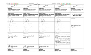 SUBJECT: MATHEMATICS WEEK NO. _____6____ GRADING PERIOD: FOURTH GRADING
DAY 1 DAY 2 DAY 3 DAY 4 DAY 5
DATE: __________ DATE: __________ DATE: __________ DATE: __________ DATE: __________
Objectives:
Solve routine and non-routine
problems involving capacity
measure
Objectives:
Solve routine and non-routine
problems involving capacity
measure
Objectives:
Solve routine and non-routine
problems involving capacity
measure
Objectives:
Solve routine and non-routine
problems involving capacity
measure
Objectives:
The pupils are expected to get
75% mastery level in the
weekly tests.
Subject Matter:
Lesson 83 Routine and Non-routine
Problems involving Capacity
Measure
Subject Matter:
Lesson 83 Routine and Non-routine
Problems involving Capacity
Measure
Subject Matter:
Lesson 83 Routine and Non-routine
Problems involving Capacity
Measure
Subject Matter:
Lesson 83 Routine and Non-routine
Problems involving Capacity
Measure
WEEKLY TEST
Reference:
LM: _309__
TG: ___382___
CG: ____40__
Reference:
LM: _309__
TG: ___382___
CG: ____40__
Reference:
LM: _309__
TG: ___382___
CG: ____40__
Reference:
LM: _309__
TG: ___382___
CG: ____40__
Evaluation:
Work Activity No. 6
Page:316
Learning Tasks
A. Preliminary Activities
1. Drill
2. Review
3. Motivation
B. Developmental Activities
1. Presentation
2. Discussion
3. Activity
C. Generalization
D. Application
Learning Tasks
A. Preliminary Activities
1. Drill
2. Review
3. Motivation
B. Developmental Activities
1. Presentation
2. Discussion
3. Activity
C. Generalization
D. Application
Learning Tasks
A. Preliminary Activities
1. Drill
2. Review
3. Motivation
B. Developmental Activities
1. Presentation
2. Discussion
3. Activity
C. Generalization
D. Application
Learning Tasks
A. Preliminary Activities
1. Drill
2. Review
3. Motivation
B. Developmental Activities
1. Presentation
2. Discussion
3. Activity
C. Generalization
D. Application
Evaluation:
Work Activity No. 1
Page: 310
Evaluation:
Work Activity No. 3
Page: 312
Evaluation:
Work Activity No. 5
Page: 315
Evaluation:
Let pupils work in triads. Provide one problem for
each group. (Note: 2 or more groups may work on
1 problem.)
Read the problem carefully and draw pictures to
solve them.
1. A water container can hold 4000 ml of liquid.
How many liters can the water contain?
2. Carlo fetched 4 liters of water, Aldrin 5000 ml
and Lester 6 L. Who fetched the greatest amount
of water? the least?
3. Ms. Megan needs 250 milliliters of liquid wax
to shine the floor each week. How many liters of
liquid wax does she need in 2 months?
Assignment:
Work Activity No. 2
Page: 311
Assignment:
Work Activity No. 4
Page: 314
Assignment:
Work Activity No.
Page:
Assignment:
Remarks: Remarks: Remarks: Remarks: Remarks:
Mastery Level: Mastery Level: Mastery Level: Mastery Level: Mastery Level:
 