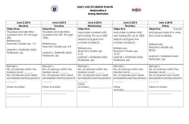 Daily Lesson Log Grade 1