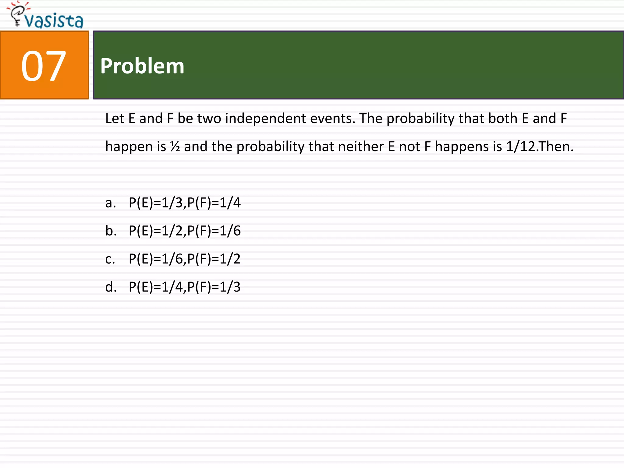Problem07Let E and F be two independent events. The probability that both E and F happen is ½ and the probability that neither E not F happens is 1/12.Then.P(E)=1/3,P(F)=1/4P(E)=1/2,P(F)=1/6P(E)=1/6,P(F)=1/2P(E)=1/4,P(F)=1/3