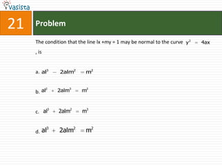 21   Problem

     The condition that the line lx +my = 1 may be normal to the curve y 2   4ax
     , is


     a. al3      2alm2     m2


            2
     b. al       2alm3   m2


          3
     c. al       2alm2   m3

             3
     d. al       2alm2     m2
 