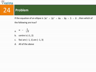 24   Problem

     If the equation of an ellipse is 3x 2   2y 2   6x   8y   5   0 , then which of
     the following are true?

                   1
          e
     a.             3

     b. centre is (-1, 2)
     c.   foci are (- 1, 1) are (- 1, 3)
     d. All of the above
 