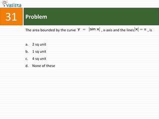 31   Problem

     The area bounded by the curve y   sin x , x-axis and the lines x   , is


     a. 2 sq unit
     b. 1 sq unit
     c.   4 sq unit
     d. None of these
 
